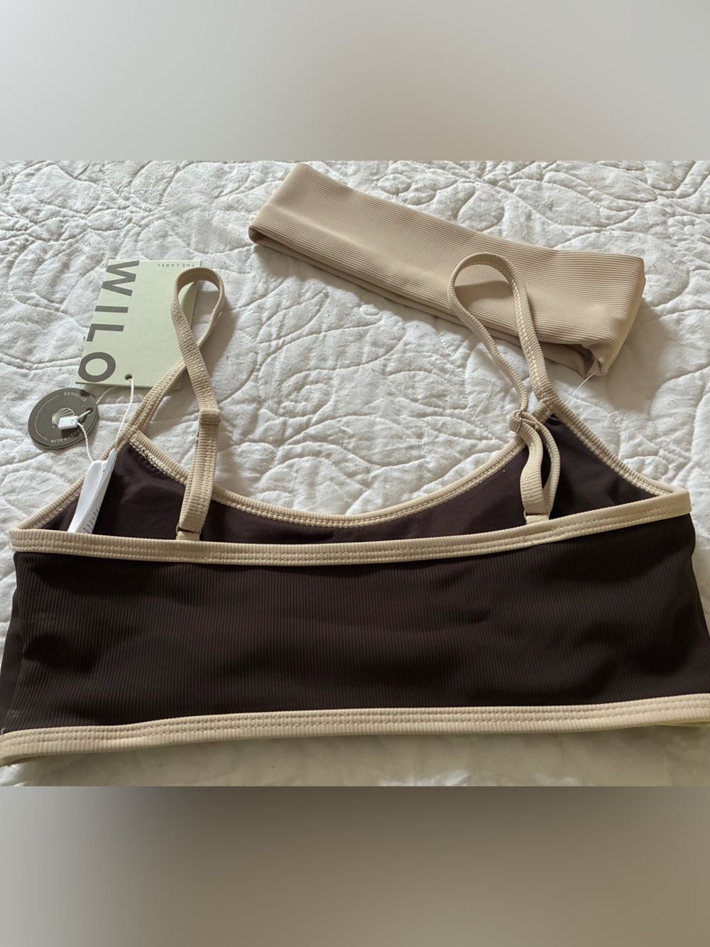 Two-Tone Brown & Beige Ribbed Sports Bra w/ Matching Headband - Picture 4 of 5